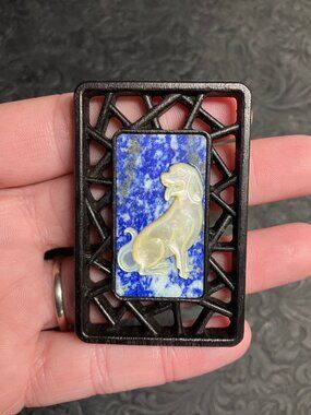 Labrador Retriever Dog Mother of Pearl Lapis Lazuli Pendant Cabochon Mini Art